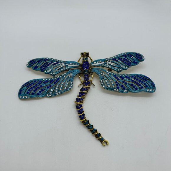 Estate Jewelry - Dragonfly Brooch Articulated Tail Blue Teal Rhinestones Statement 5 inch wide